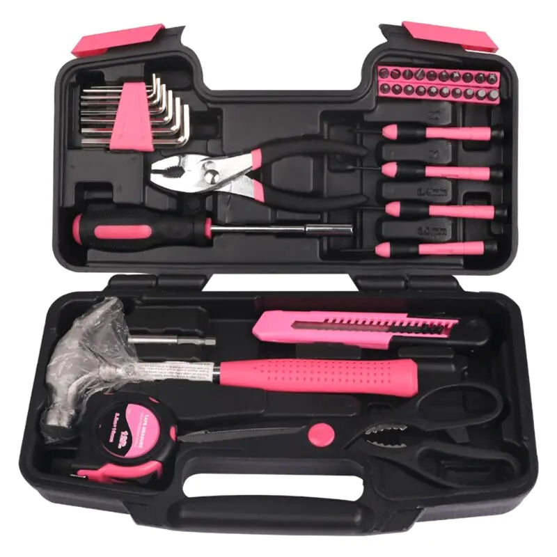 Kit de herramientas de reparación del hogar rosa de 39 piezas