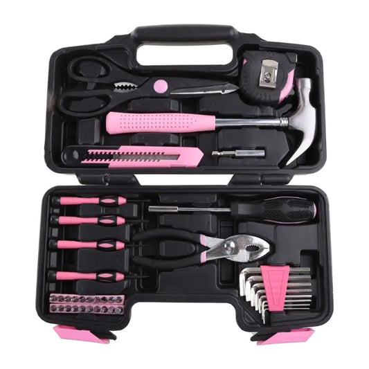 Kit de herramientas de reparación del hogar rosa de 39 piezas